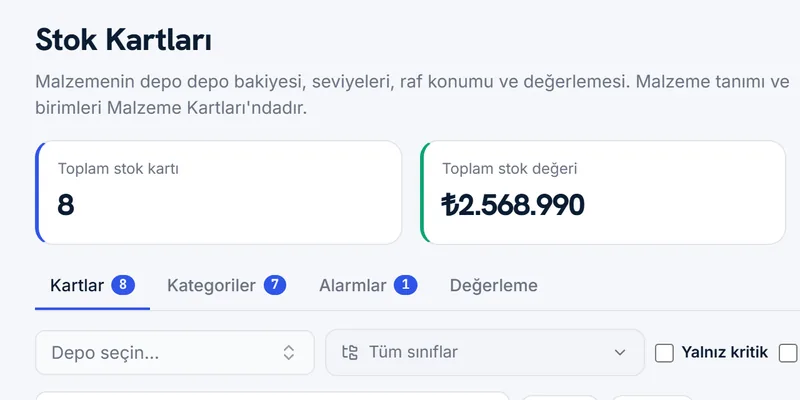 Depo ve Stok ekranı